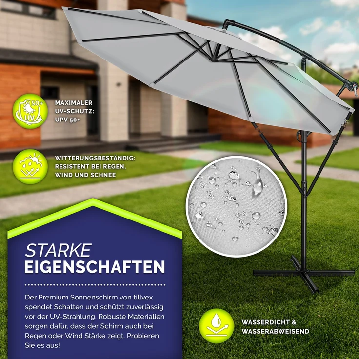 tillvex Sonnenschirm Grau Ø 350 cm Ampelschirm Gartenschirm Marktschirm Kurbel Balkon Alu Neigbar Grau - Ø350cm – Bild 2