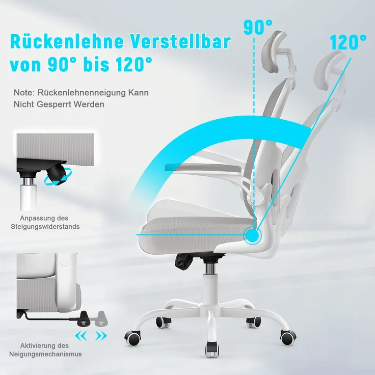 Botifly Ergonomischer Bürostuhl mit Kopfstütze, Mesh-Gewebe, Grau, 90°-120° Wippfunktion, 10 cm Höhenverstellbar, mit Lendenwirbelstütze, 52 x 26 x 57 cm – Bild 2
