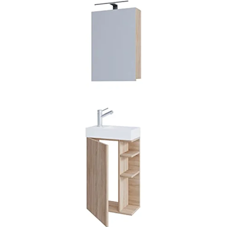 VCM Waschplatzset Lumia, 3-tlg. Badmöbelset für Gäste WC mit Keramikwaschbecken und Spiegelschrank, schmal 70x40x22 cm – Bild 4