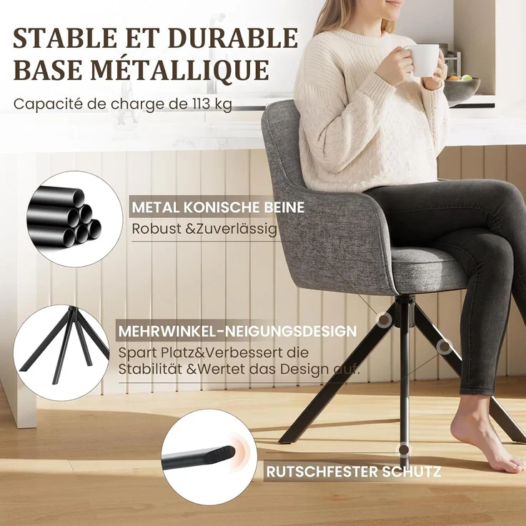 COLAMY Drehbare Esszimmerstühle 6er Set mit Armlehnen, Drehbare Polsterstühle für Küche & Esszimmer aus weichem Florstoff mit Metallgestell und Rückenlehne, für Esszimmer, Küche, Büro,Grau – Bild 9