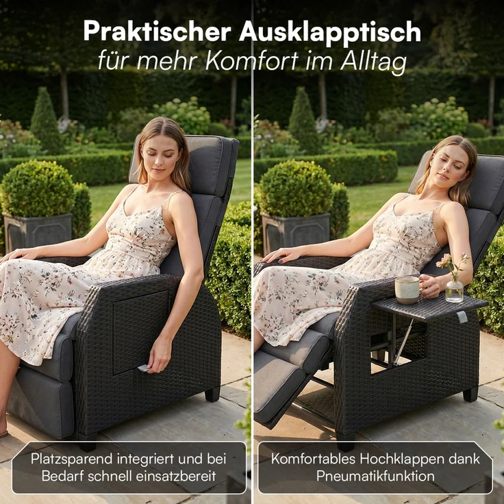 STEELSØN 'Caelum' Polyrattan Sessel mit Liegefunktion, schwarz, verstellbare Rückenlehne, inkl. Polster, Ausklapptisch, wetterfest – Bild 3