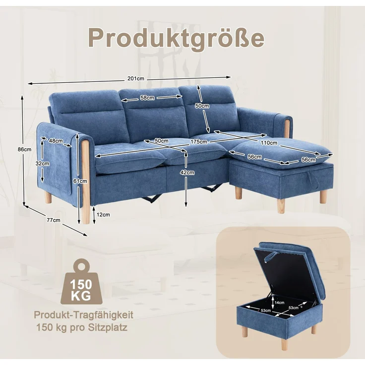 DESVIAE Sofa L-Form mit Stauraumhocker und Seitentaschen 201x77x86 cm Chenille Blau – Bild 10