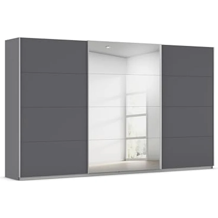 Rauch Möbel Kulmbach, Kleiderschrank mit Schwebetüren für Schlafzimmer, Kinderzimmer, Flur, 3-türig, mit Spiegel und Soft-Close-Funktion, Zubehör Premium, Farbe Grau metallic, Schwarz, Breite 360 cm – Bild 1