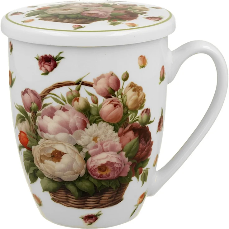 DUO Becher 360 ml BASKET OF FLOWERS PEONIES mit Teesieb, New Bone China Porzellan – Bild 2