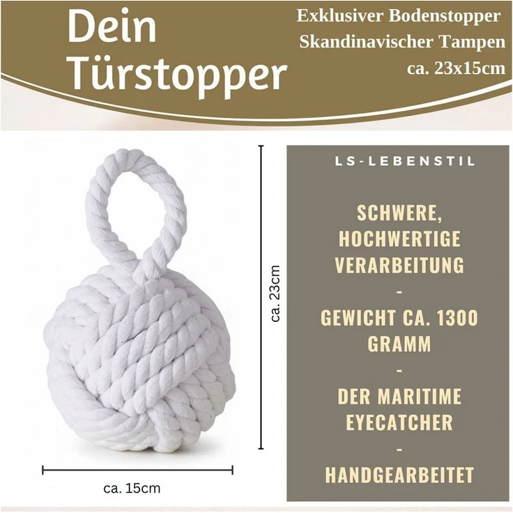 LS-LebenStil Bodentürstopper Boden Türstopper Malmö 23cm Weiß 1,3kg Jute Knoten Tragegriff Türpuffe (Handgearbeitet Bodenstopper Türpuffer Türhalter Türsack Türkeil Tür Stopper Sack Fensterstopper Boden Stopper Buchstütze, 1 St) – Bild 2