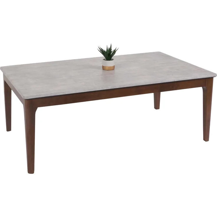Couchtisch HWC-M55, Beistelltisch Sofatisch Massiv-Holz HDF Laminat Melamin 46x120x70cm Beton-Optik braune Beine
