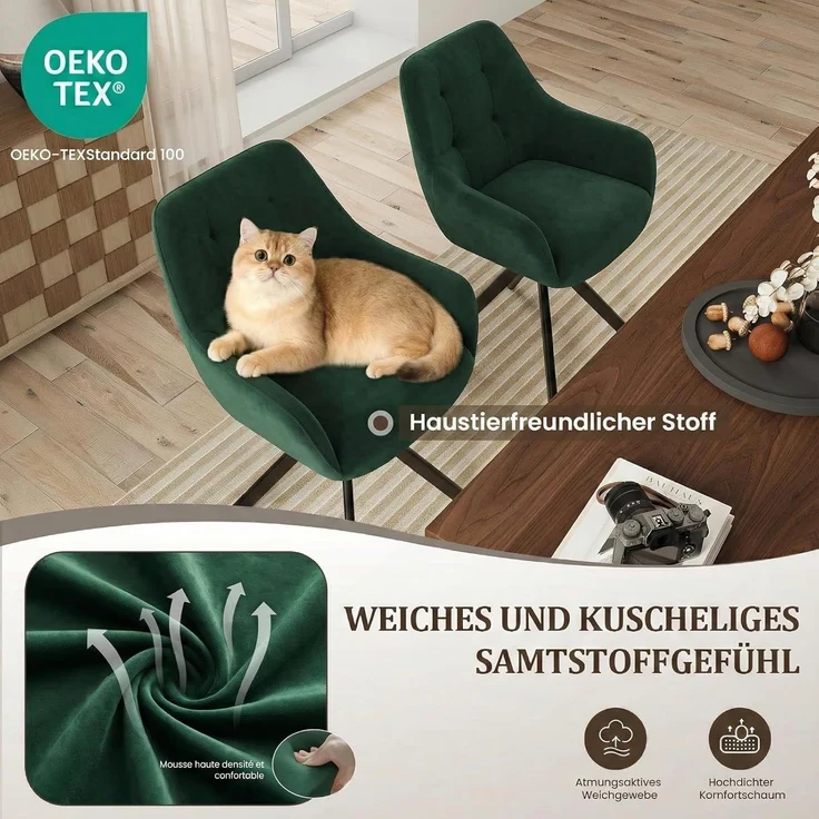 COLAMY Drehbare Esszimmerstühle 4er Set, Esszimmerstühle Drehbar mit Armlehne, Armlehnstuhl Drehbar mit Rückenlehne für Esszimmer, Stühle aus Weichem Florstoff mit Metallgestell für Küche, Grün – Bild 5