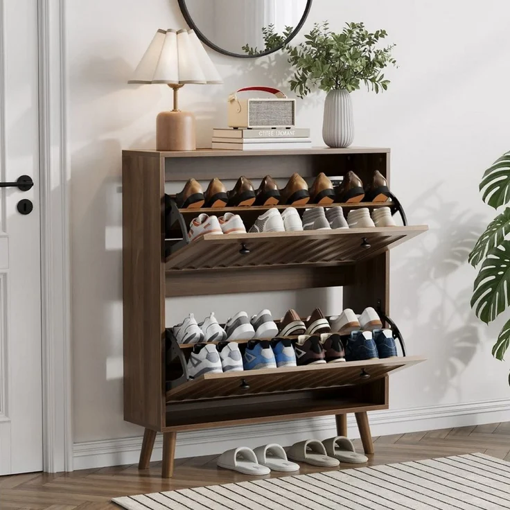 ANYSUN Schuhkipper Schuhschrank schmal,24 cm tief,mit 2 Klappen, verstellbare Fächer (1 St), Nussbaumoptik mit Nutfront & Kippschutz für Flur und Eingangsbereich – Bild 2