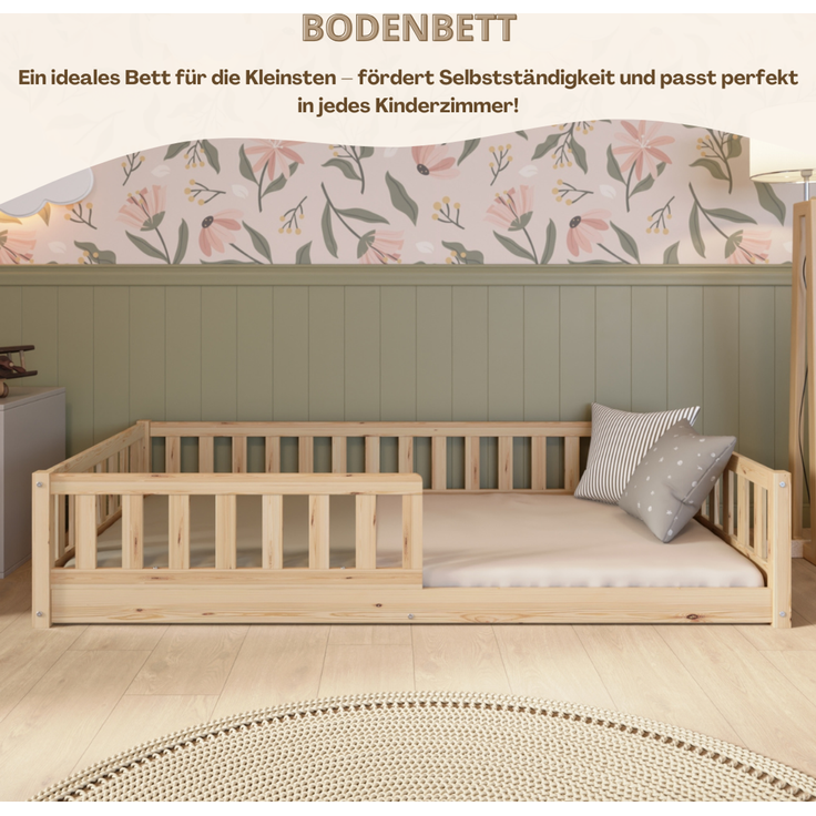 Crazy Pine 'Crazy Basic' Kinderbett mit Rausfallschutz, Skandinavisches Design, Holz, Natur, 80x160 cm, ohne Beine – Bild 7