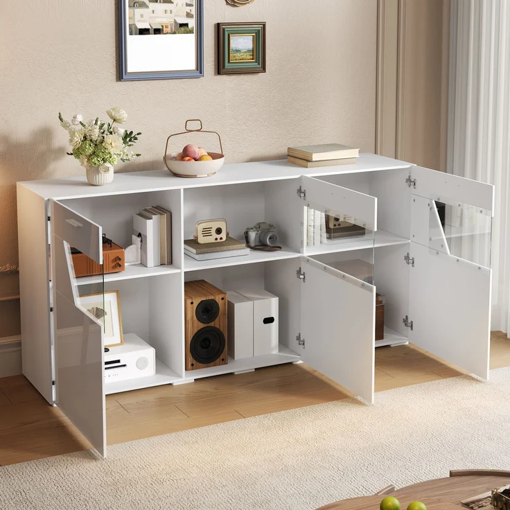 ZUBALIYA Sideboard 160x38x78 cm, mit LED-Beleuchtung, Hochglanz, mit 3 Türen, aus Spanplatte, Weiß – Bild 3