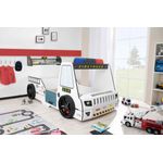 Autobett Kinderbett 90x200 Feuerwehrbett "Rio Firetruck" Hochglanz mit LED Leuchte Weiß