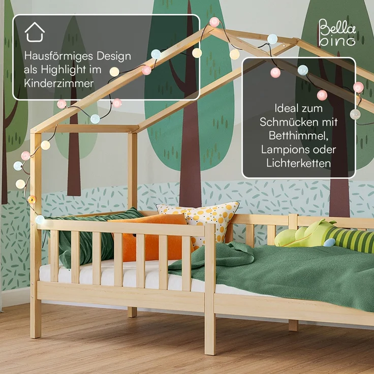 Bellabino 'Bia' Hausbett 90x200 cm, natur, Kiefer Massivholz, Montessori Kinderbett mit Rausfallschutz und Lattenrost – Bild 7