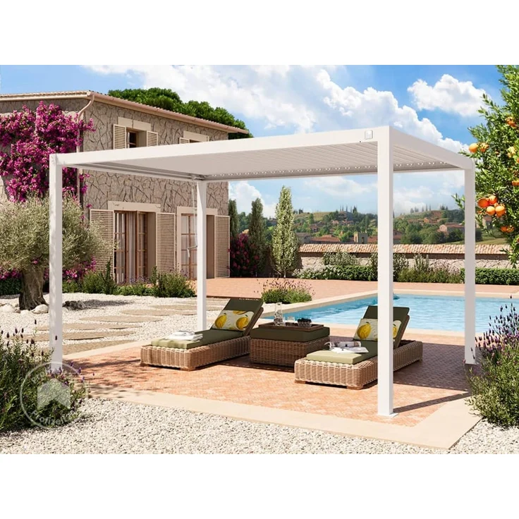 PRIMEYARD Pergola 3x4 m Aluminium-Pfosten mit Lamellendach aus Stahl weiße Terrassenüberdachung – Bild 1