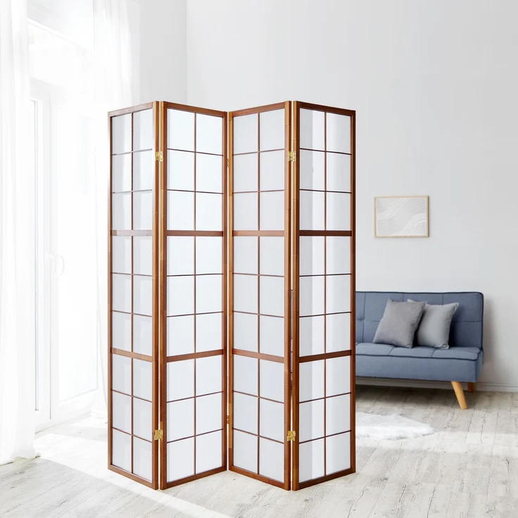 Paravent Raumteiler 4 teilig, Holz Reispapier Braun – Bild 2