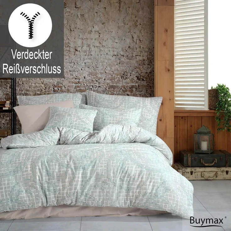 Buymax Bettwäsche, Renforcé, 3 teilig, 100% Baumwolle Renforce Kissenbezug 80x80 cm mit Reißverschluss Geometrisch, Grün Rosa – Bild 4
