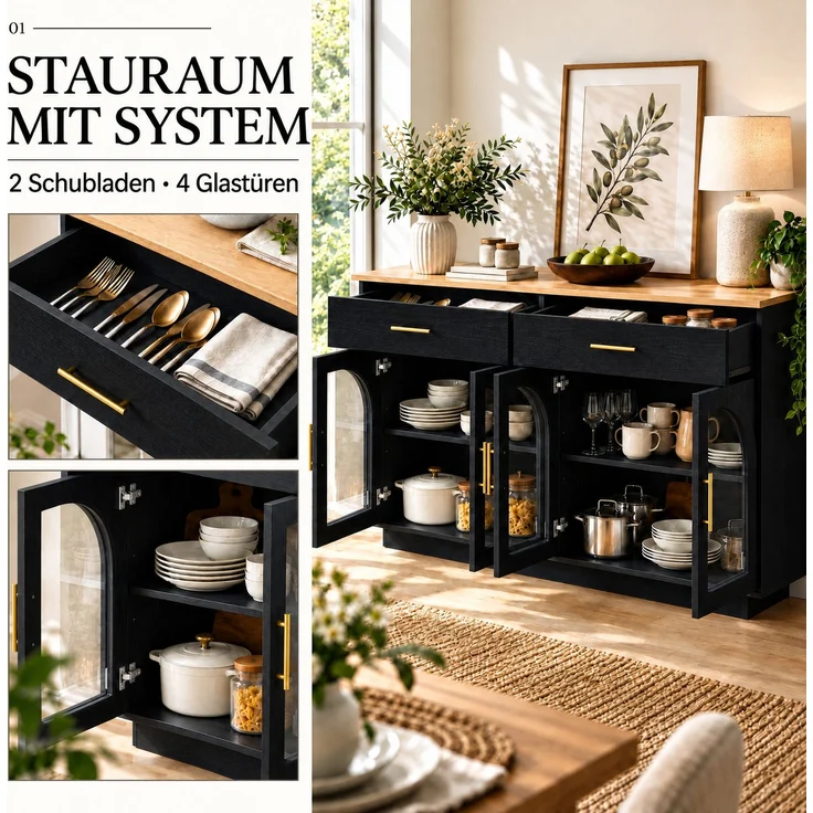Küchensideboard 147 x 40 x 86 cm mit LED-Beleuchtung, 2 Schubladen und 4 Türen – Schwarz und Natur – Bild 7