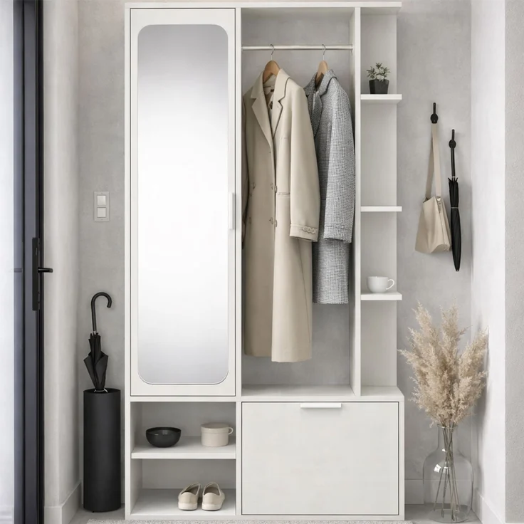 MEBLINI Garderobenschrank NADIA 100cm - Weiß - mit Spiegel - 100x33x190cm R/L - Garderobe Schrank - Flurgarderobe schmal - Garderobe Flur Möbel Set - Flurschrank hoch – Bild 1