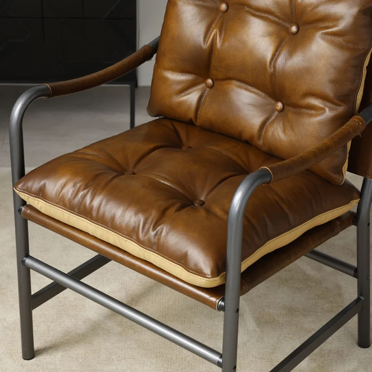Leder Akzent Stuhl, Mid Century Modern Armstuhl mit schwarzem Metallrahmen, Single Sofa Stuhl für Wohnzimmer Schlafzimmer – Bild 4