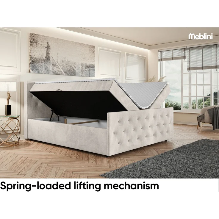 MEBLINI Boxspringbett PEDRO 180x200cm - H3P/Beige Samt - mit Bettkasten - Polsterbett - Doppelbett mit Topper & Taschenfederkern-Matratze – Bild 3