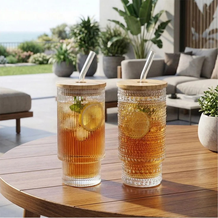 Levandeo® Glas, 2er Set Trinkglas Deckel Strohhalm 250ml Bambusdeckel Trinkbecher – Bild 4