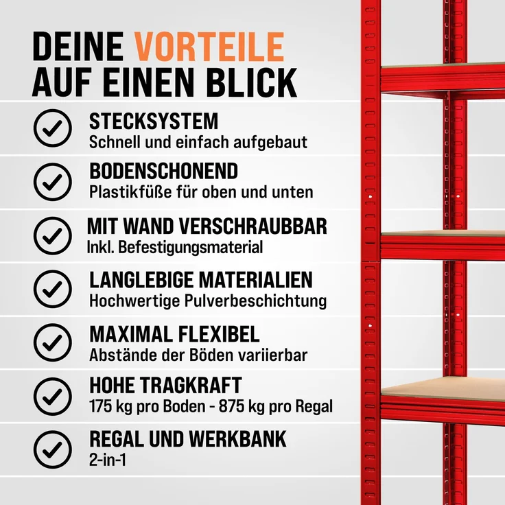 MONZANA® 2x Schwerlastregal 180x90x40cm rot 1750kg – Bild 6