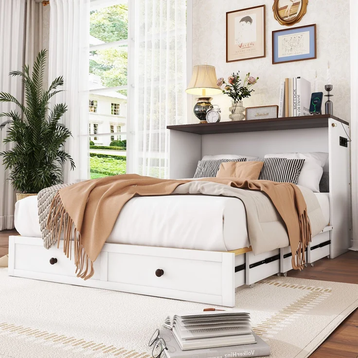 Schrankbett 140x200 cm mit Schublade und Regal, Klappbett mit integriertem USB-Anschluss und Steckdose, Bett mit Stauraum und Regalablag – Bild 3