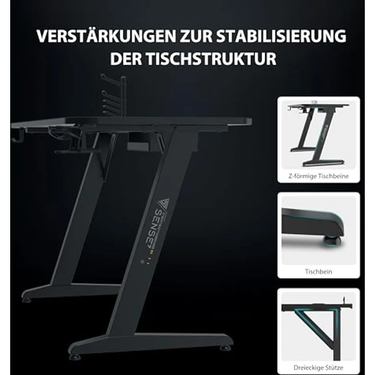 SENSE7 Schreibtisch Nomad Cybernetic, Gaming Tisch 100x50, PC Tisch mit Kopfhörerhaken, Getränkehalter, Controller Halter, Gaming Computertisch mit Kohlefaseroberfläche, Ergonomischer Gaming Desk – Bild 9