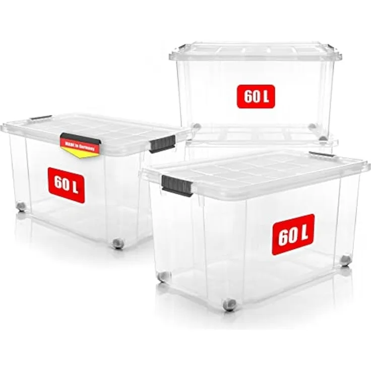 BigDean 4 Stück 60 L Aufbewahrungsbox mit Deckel groß transparent - stapelbare robuste Box - rollbare Stapelbox mit festen Klickverschlüssen - Made in Germany