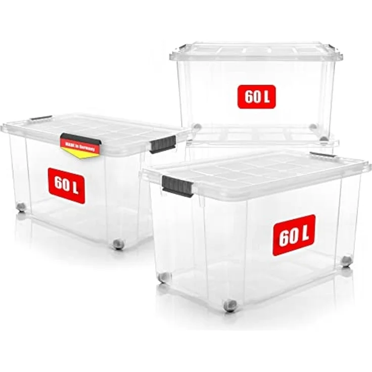 BigDean 4 Stück 60 L Aufbewahrungsbox mit Deckel groß transparent - stapelbare robuste Box - rollbare Stapelbox mit festen Klickverschlüssen - Made in Germany – Bild 1