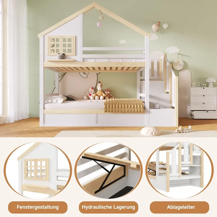 Etagenbett mit 2 Liegeflächen, Rausfallschutz, Stauraum und Lattenrosten, Treppe mit Regal, 90x200 cm/90x200 cm, Kinderbett, Stauraumbett, Kiefer – Bild 5