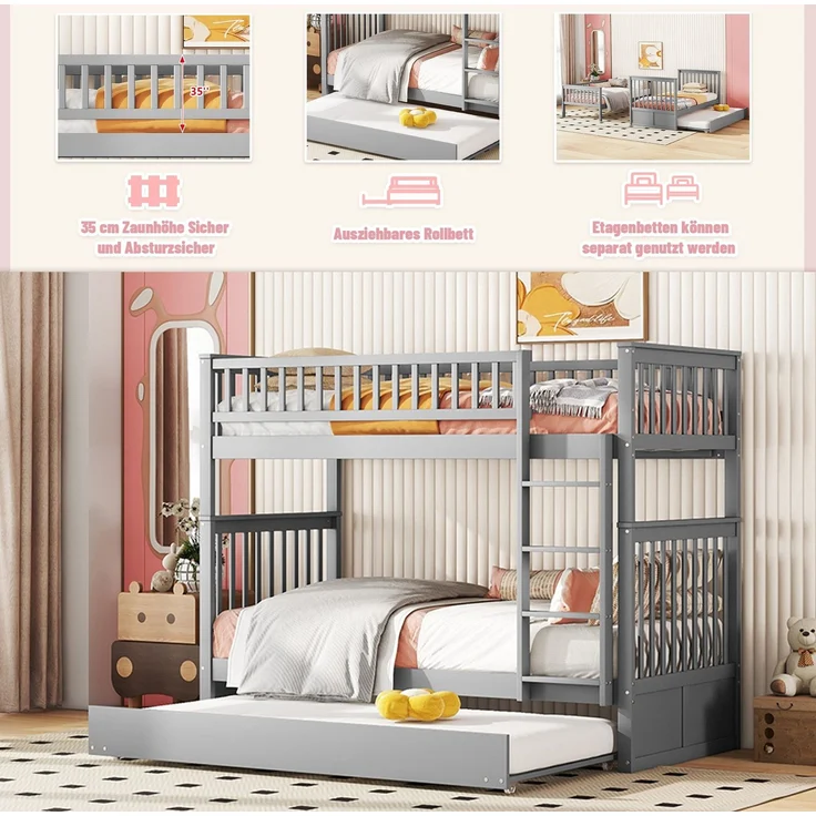 Etagenbett mit 2 Liegeflächen, Ausziehbett, Lattenrost, Leiter und Rausfallschutz, 90x200 cm, Kinderbett umbaufähig zu 2 Einzelbetten, Kiefer – Bild 5