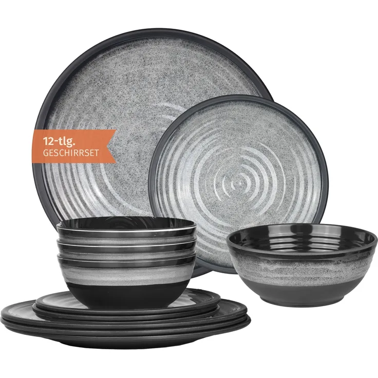 Moritz Camping Tafelgeschirr aus Melamin für 4 Personen 12-teilig | spülmaschinenfest | Picknick Geschirrset | Geschirr Campinggeschirr I Stone Grey Design