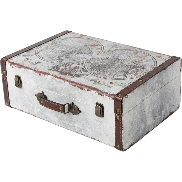 HMF Aufbewahrungsbox Handgefertigter Vintage Koffer aus Holz, Deko Koffer (1 St), Geschenkkoffer im Weltkarten Design, 44 x 32 x 16 cm