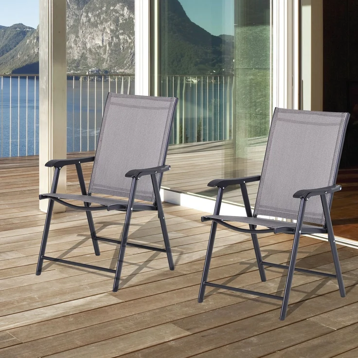 Set mit 2 klappbaren Gartenstühlen mit Armlehnen, Essstühle für den Außenbereich aus Metall und Texteline, für Terrasse, Balkon, Außen- und Innenbereich, 58 x 64 x 94 cm, grau – Bild 4