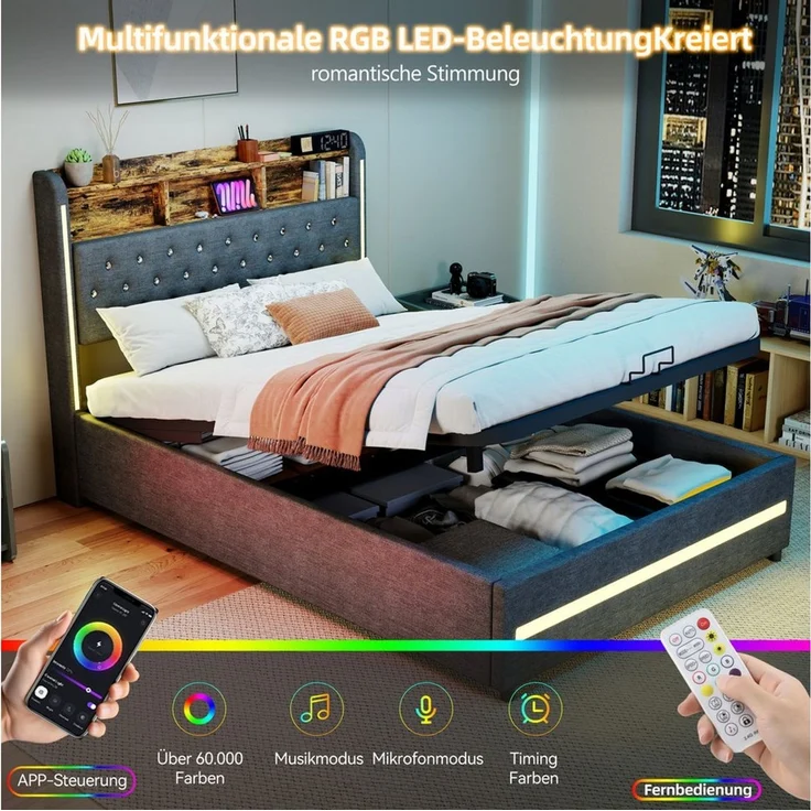 oyajia Polsterbett Stauraumbett Doppelbett LED, Leinenstoff (Mit Bettkasten, LED-Beleuchtung, 140x200 cm), Hydraulisch hebbarer Stauraum – Bild 3