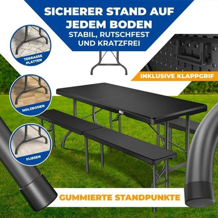 KESSER® Bierzeltgarnitur 3-teilig Set Tisch & 2x Bank | Buffettisch für drinnen & draußen Gartengarnitur klappbar 183x76x74cm Kunststoff Klapptisch Gartentisch inkl. Abdeckung & Tragegriffe Schwarz, Glatt – Bild 7