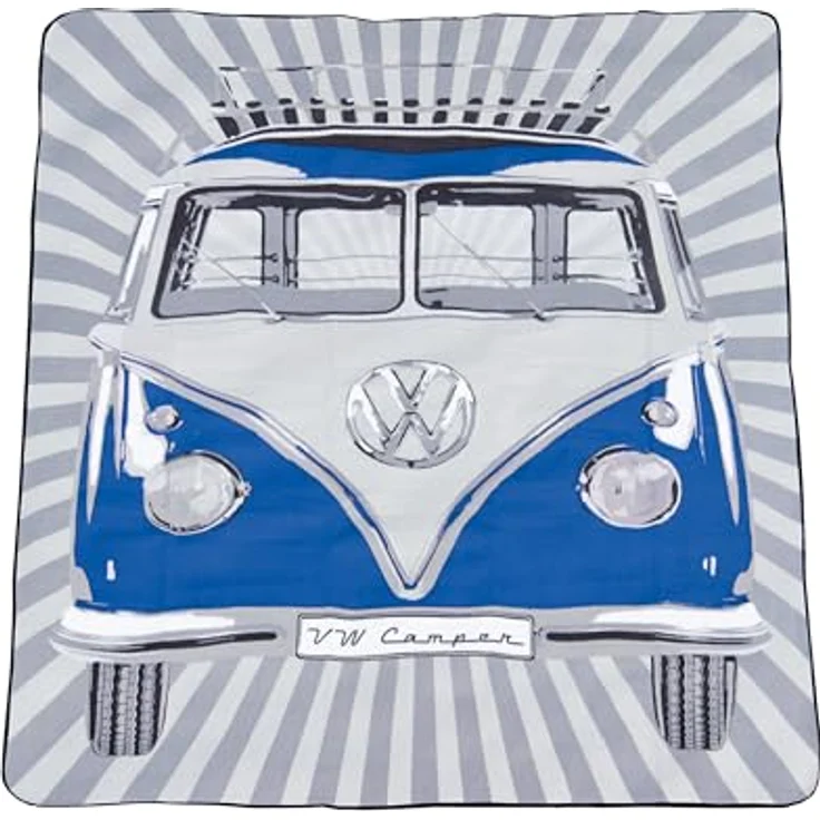 BRISA VW Collection - Volkswagen Picknickdecke 200x150 cm Wasserdicht Wärmeisoliert Fleece Garten Outdoor Stranddecke mit Tragetasche (Samba Stripes/Blau) – Bild 2