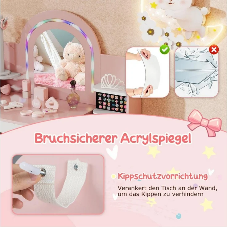 COSTWAY Schminktisch, Kinderfrisiertisch mit Stuhl, Spiegel, Beleuchtung – Bild 3