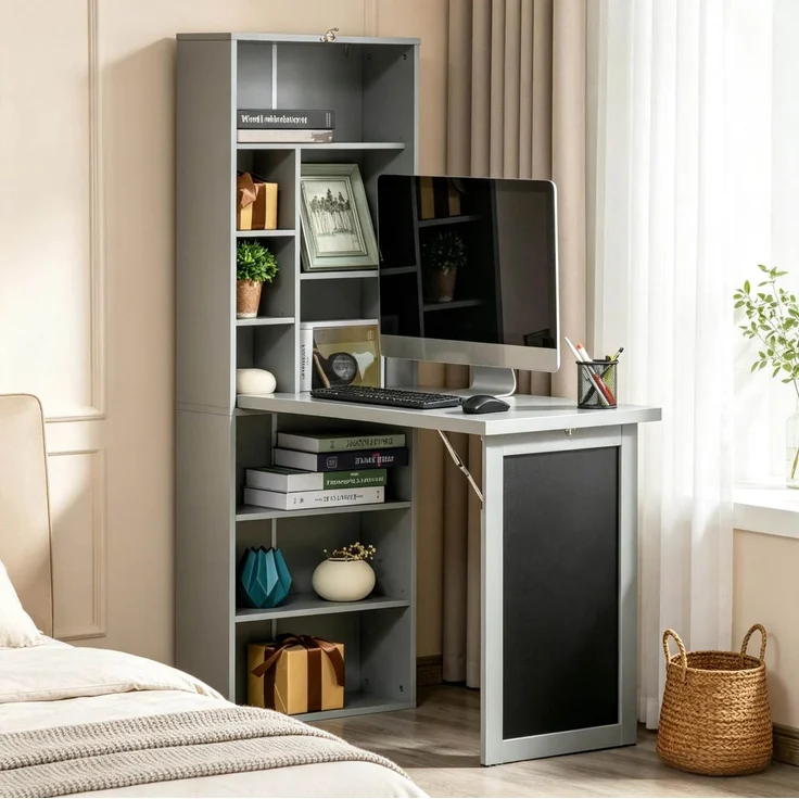Klappschreibtisch aus MDF mit 9 Fächern und Tafel, 98x51x153 cm, Schwarz/Dunkelgrau – Bild 1