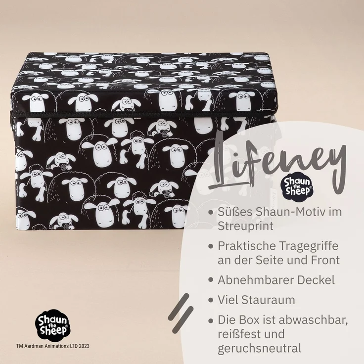 LIFENEY meets Shaun das Schaf Aufbewahrungsbox mit Deckel für Kinder - Box mit dem kultigen Schaf zum Verstauen von Spielzeug - 37 x 25 x 21 cm passend für jedes Kinderzimmer – Bild 2