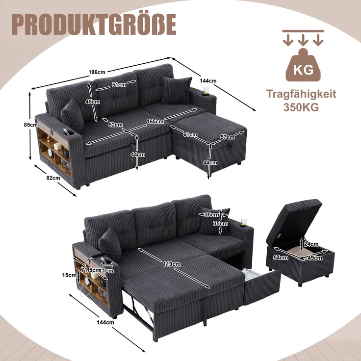 LVHOM Schlafsofa mit LED & USB, Ecksofa mit Ablagefächern, Schublade und Becherhaltern, Schlafcouch aus Cordstoff, frei Kombination, 196x144x85 cm – Bild 8