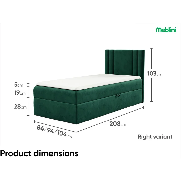 MEBLINI Kinderbett mit Bettkasten CARDI 80x200 Rechts – H3/Grün Samt Gepolstert Einzelbett mit Matratze - Polsterbett mit Stauraum - Bett mit Kopfteil – Stauraumbett – Bild 6