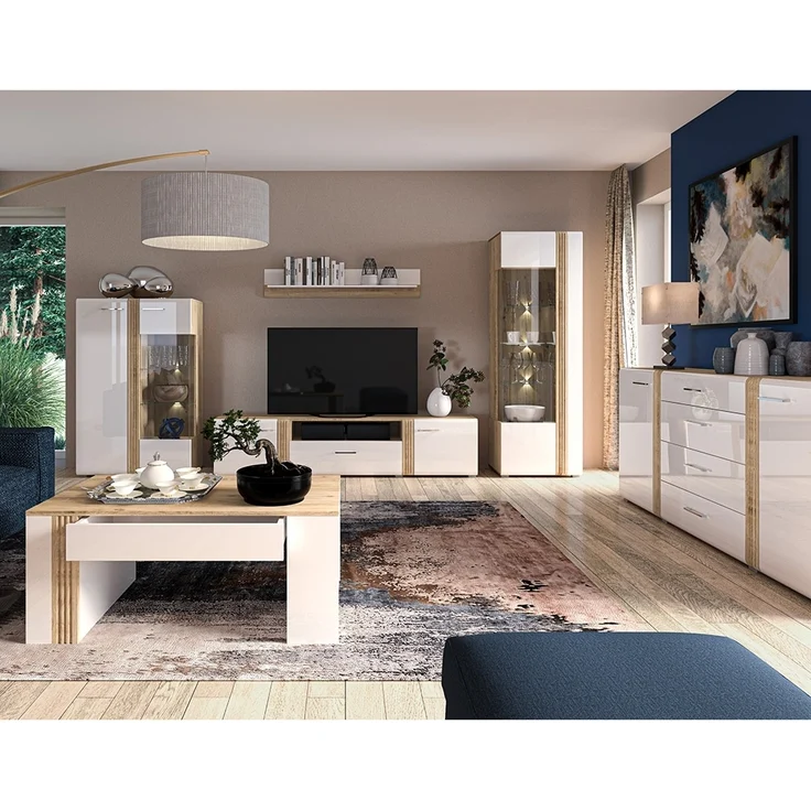 Vitrinenschrank Eiche Castello Nb. mit Hochglanz weiß AKRON-131 MDF Front mit edler Fräsung, B/H/T: ca. 65/196/42 cm – Bild 6