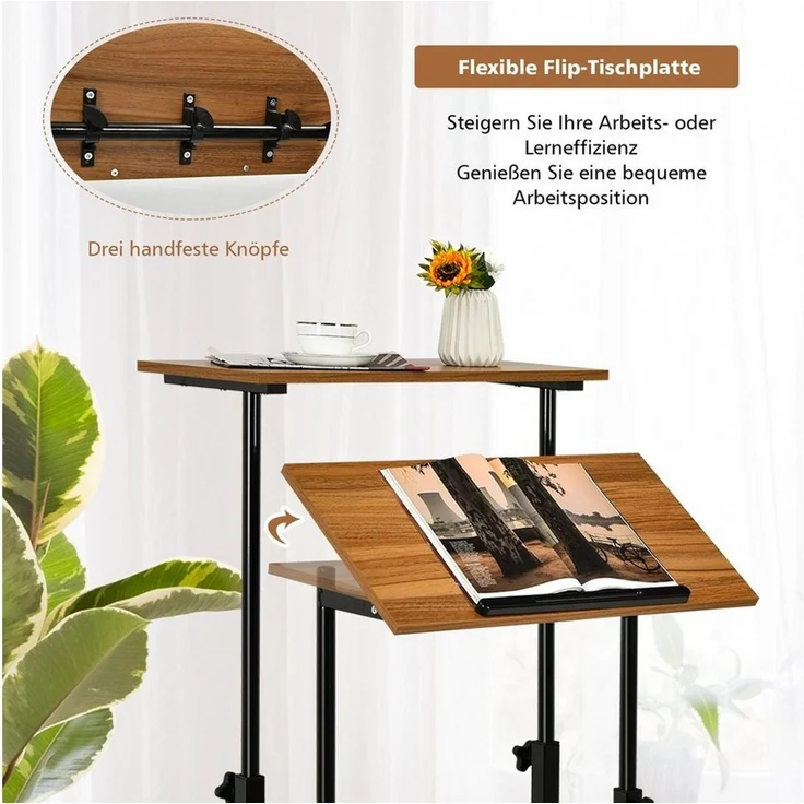 COSTWAY Computertisch, 2-stufig, höhenverstellbar mit Rollen, 72-124cm – Bild 3