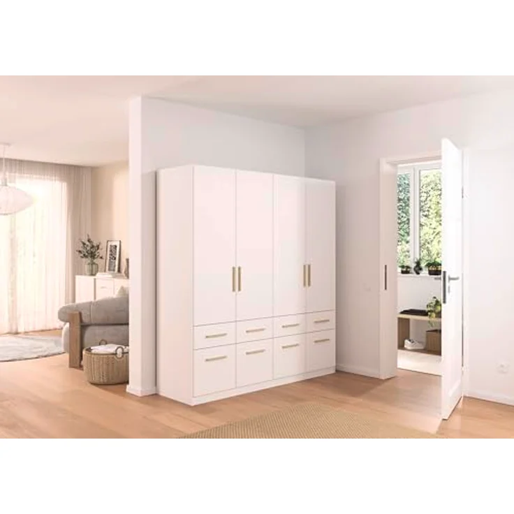 Rauch Möbel Dundee, Kleiderschrank, Schrank, Garderobe, Organizer, 4-türig, 8 Schubladen, Farbe Weiß, Holzgriff Eiche Massiv, 181 x 197 x 54 cm – Bild 3