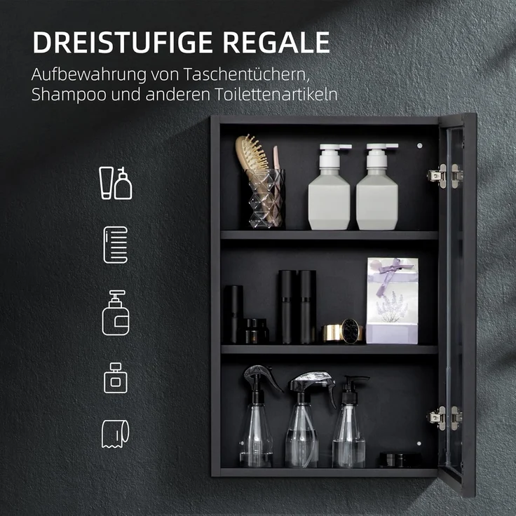 Kleankin Spiegelschrank Wand-Medizinschrank mit Spiegel, mit Ablageflächen (Hängeschrank, 1-St, Badezimmerschrank) für Badezimmer, Schwarz – Bild 4
