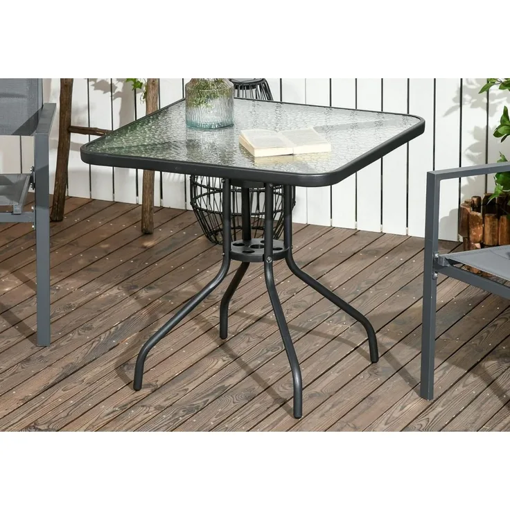 Home Collective Gartentisch Bistrotisch, Glasplatte & schwarzes Metallgestell, 60 x 60 x 72.5 cm, Quadratisch, Schwarz