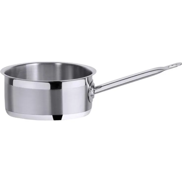 Contacto Edelstahl Stielkasserolle, niedrig, 24 cm, seidenmatt gebürstet, hochglänzender Schüttrand, Sandwichboden, induktionsgeeignet, Hohlstielgriff