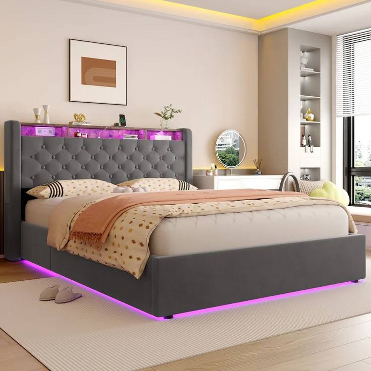 MODFU Polsterbett mit Bettkasten, LED, USB-C und Kopfteilablage, Holland-Velours Grau, 140x190 cm – Bild 5