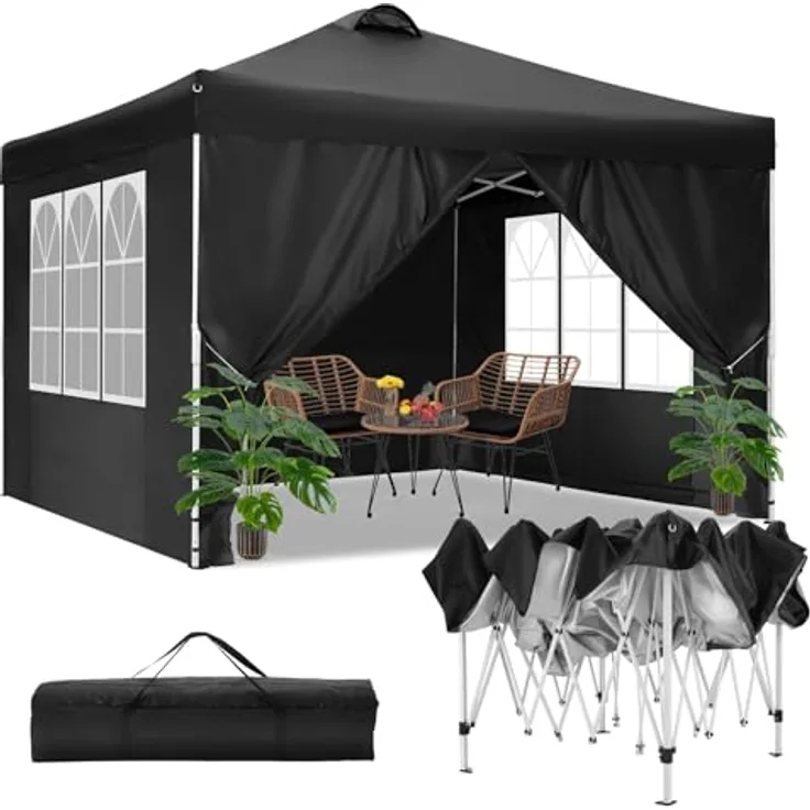 COBIZI Pavillon 3x3 m Wasserdicht Stabil Winterfest Faltpavillon Partyzelt Gartenpavillon mit Entlüftung, 4 Seitenteilen, 4 Sandsack, Höhenverstellbar, Pop up Faltbar Gartenzelt, Schwarz